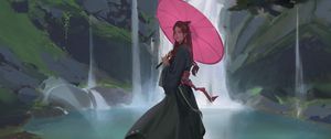 Preview wallpaper girl, umbrella, waterfall, art, japan