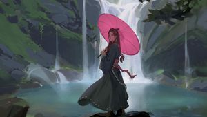 Preview wallpaper girl, umbrella, waterfall, art, japan