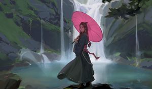 Preview wallpaper girl, umbrella, waterfall, art, japan