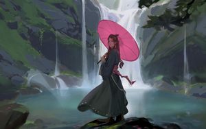 Preview wallpaper girl, umbrella, waterfall, art, japan