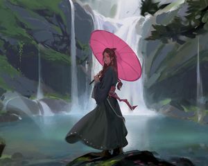 Preview wallpaper girl, umbrella, waterfall, art, japan