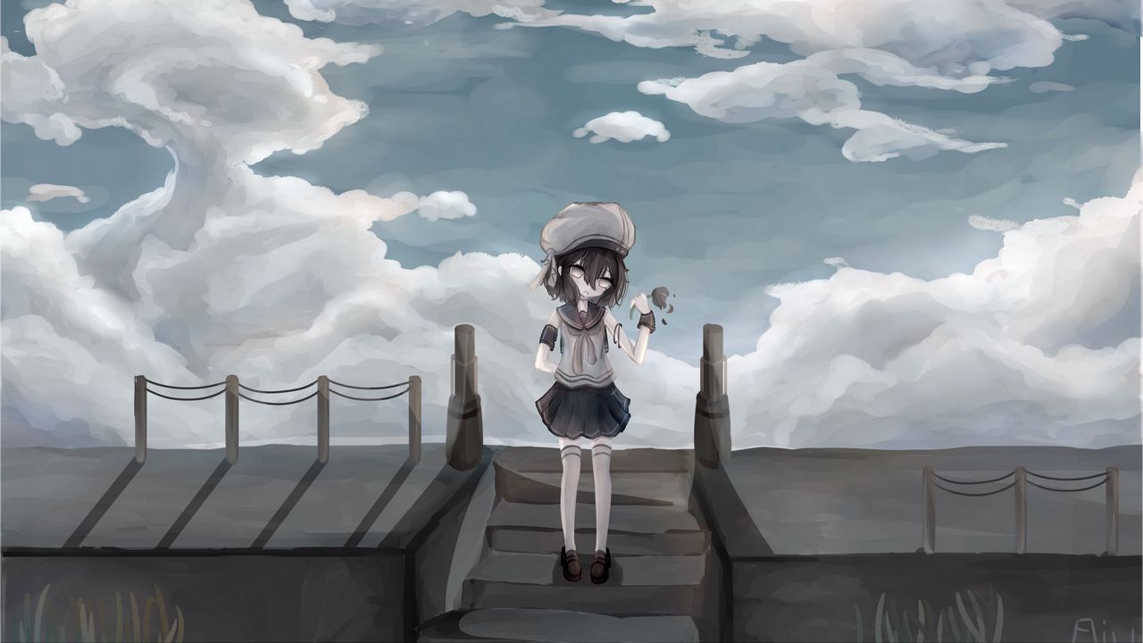 Wallpaper girl, uniform, beret, flower, anime, art
