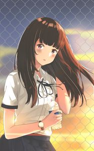 Preview wallpaper girl, uniform, fence, mesh, anime