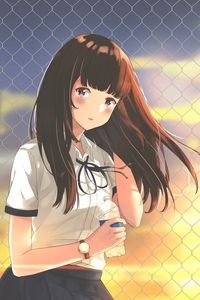 Preview wallpaper girl, uniform, fence, mesh, anime