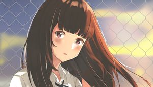 Preview wallpaper girl, uniform, fence, mesh, anime