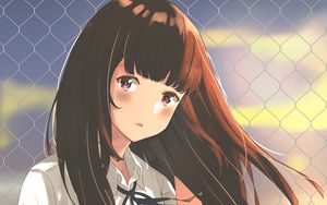 Preview wallpaper girl, uniform, fence, mesh, anime