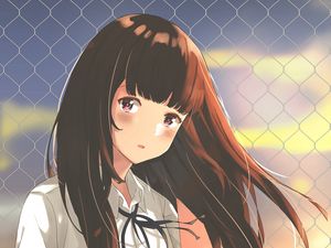 Preview wallpaper girl, uniform, fence, mesh, anime