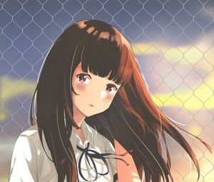 Preview wallpaper girl, uniform, fence, mesh, anime