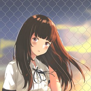 Preview wallpaper girl, uniform, fence, mesh, anime