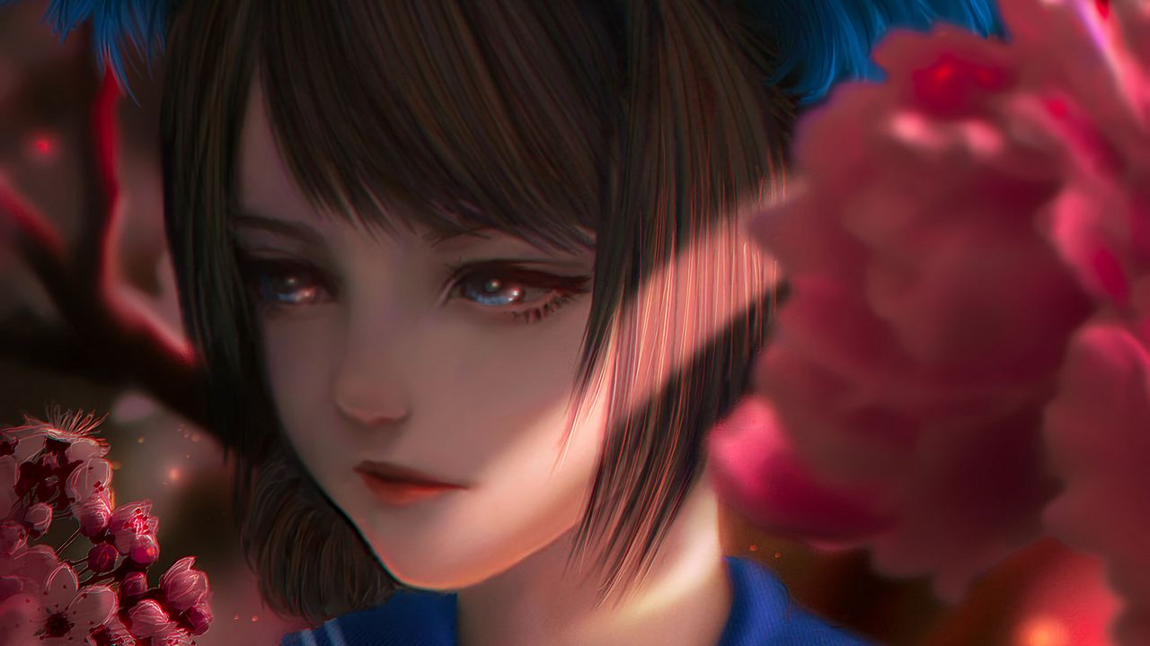 Wallpaper girl, uniform, flowers, anime, art