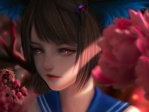 Preview wallpaper girl, uniform, flowers, anime, art
