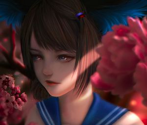 Preview wallpaper girl, uniform, flowers, anime, art