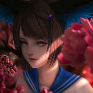 Preview wallpaper girl, uniform, flowers, anime, art