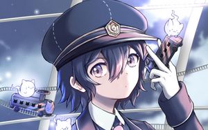 Preview wallpaper girl, uniform, ghosts, trains, anime, art, cartoon