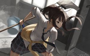 Preview wallpaper girl, uniform, glance, cleaning, anime