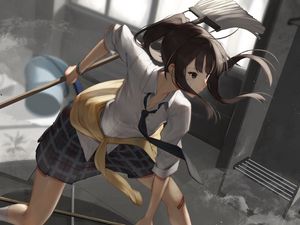 Preview wallpaper girl, uniform, glance, cleaning, anime