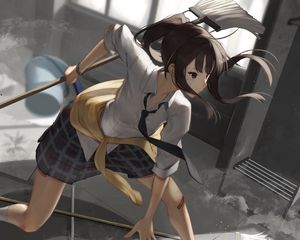 Preview wallpaper girl, uniform, glance, cleaning, anime