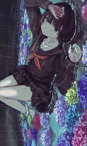 Preview wallpaper girl, uniform, sad, rain, flowers, anime