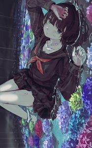 Preview wallpaper girl, uniform, sad, rain, flowers, anime