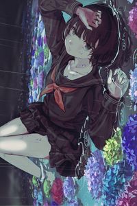 Preview wallpaper girl, uniform, sad, rain, flowers, anime