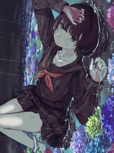 Preview wallpaper girl, uniform, sad, rain, flowers, anime