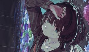 Preview wallpaper girl, uniform, sad, rain, flowers, anime