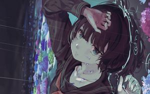 Preview wallpaper girl, uniform, sad, rain, flowers, anime