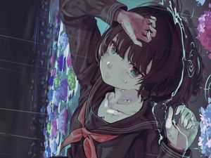 Preview wallpaper girl, uniform, sad, rain, flowers, anime