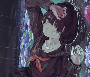 Preview wallpaper girl, uniform, sad, rain, flowers, anime