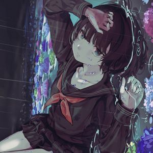 Preview wallpaper girl, uniform, sad, rain, flowers, anime