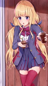 Preview wallpaper girl, uniform, schoolgirl, drink, anime