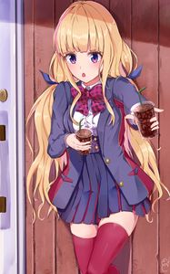 Preview wallpaper girl, uniform, schoolgirl, drink, anime