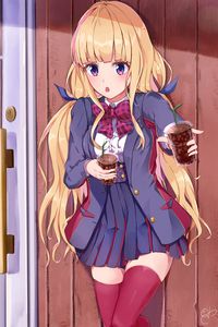 Preview wallpaper girl, uniform, schoolgirl, drink, anime