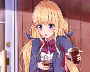 Preview wallpaper girl, uniform, schoolgirl, drink, anime