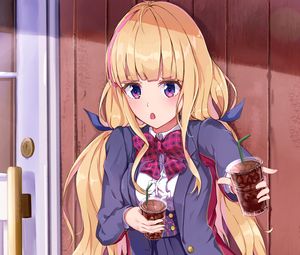 Preview wallpaper girl, uniform, schoolgirl, drink, anime