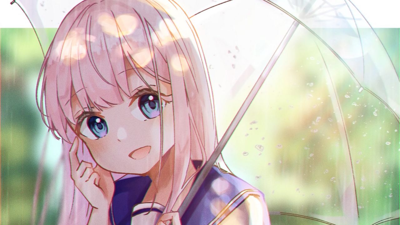 Wallpaper girl, uniform, umbrella, rain, anime, art