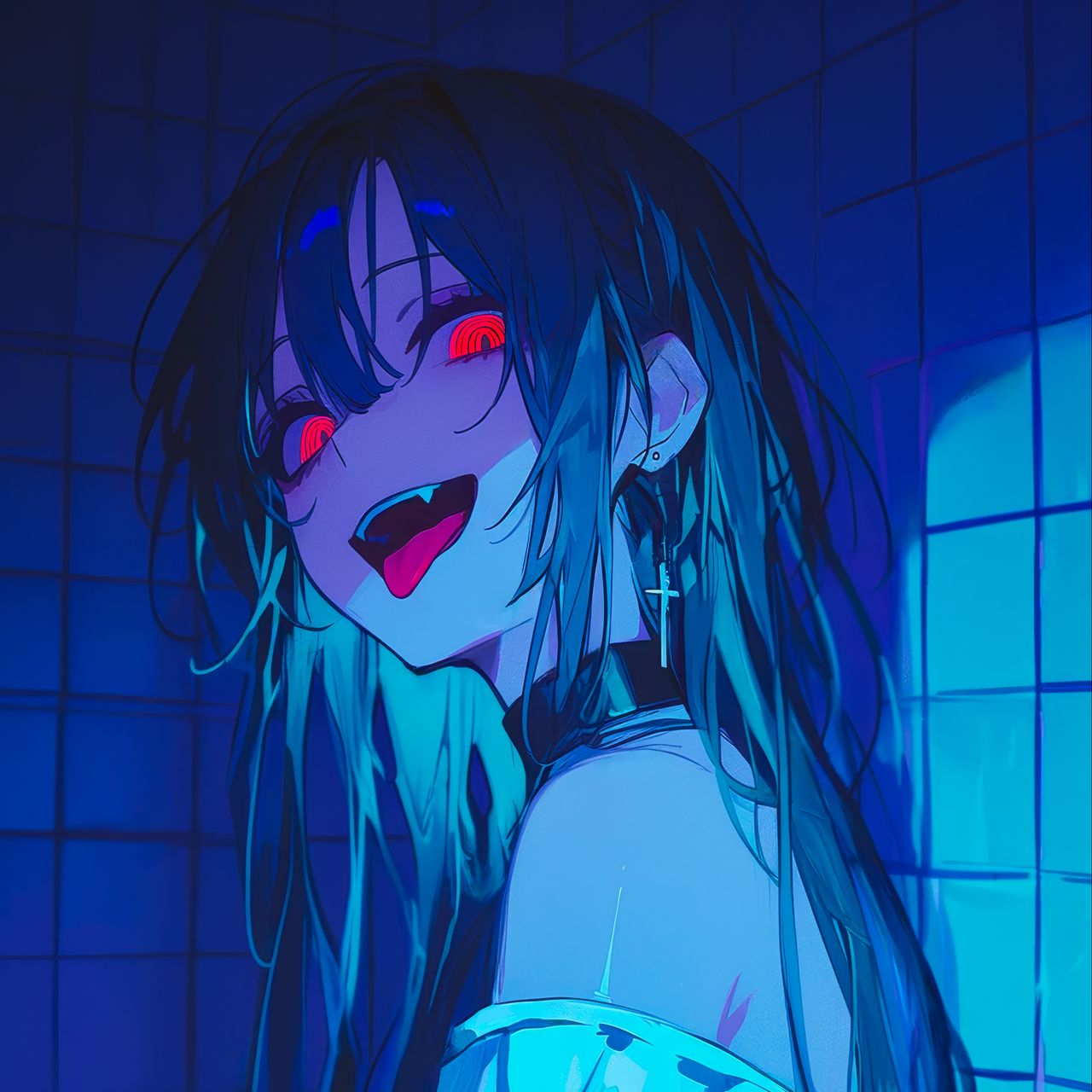1280x1280 Wallpaper girl, vampire, bathroom, fangs, art, anime, blue