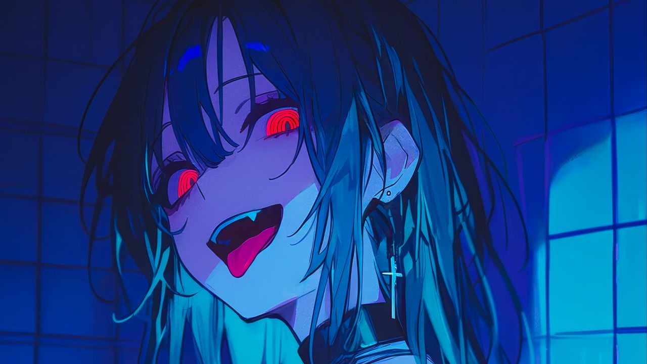 Wallpaper girl, vampire, bathroom, fangs, art, anime, blue