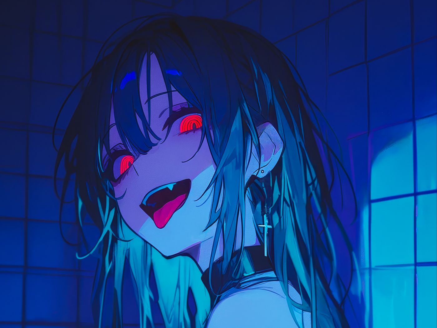 1400x1050 Wallpaper girl, vampire, bathroom, fangs, art, anime, blue