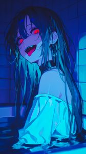 Preview wallpaper girl, vampire, bathroom, fangs, art, anime, blue