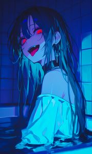 Preview wallpaper girl, vampire, bathroom, fangs, art, anime, blue