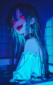 Preview wallpaper girl, vampire, bathroom, fangs, art, anime, blue