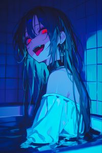 Preview wallpaper girl, vampire, bathroom, fangs, art, anime, blue