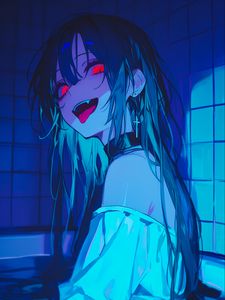 Preview wallpaper girl, vampire, bathroom, fangs, art, anime, blue