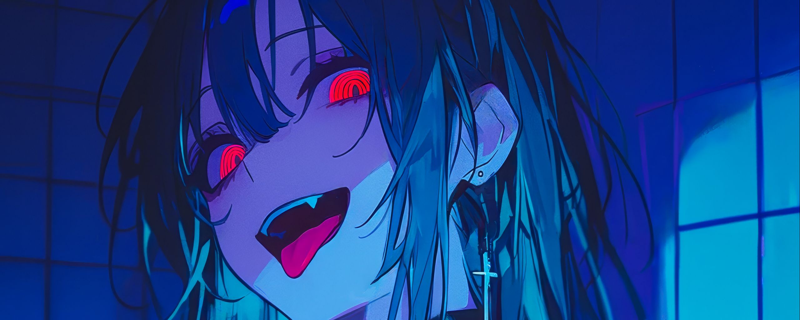 2560x1024 Wallpaper girl, vampire, bathroom, fangs, art, anime, blue