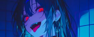 Preview wallpaper girl, vampire, bathroom, fangs, art, anime, blue