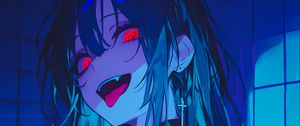 Preview wallpaper girl, vampire, bathroom, fangs, art, anime, blue