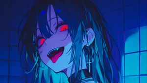 Preview wallpaper girl, vampire, bathroom, fangs, art, anime, blue