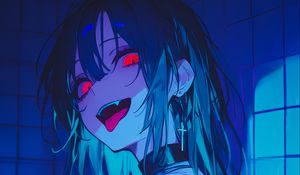 Preview wallpaper girl, vampire, bathroom, fangs, art, anime, blue