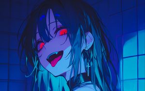 Preview wallpaper girl, vampire, bathroom, fangs, art, anime, blue